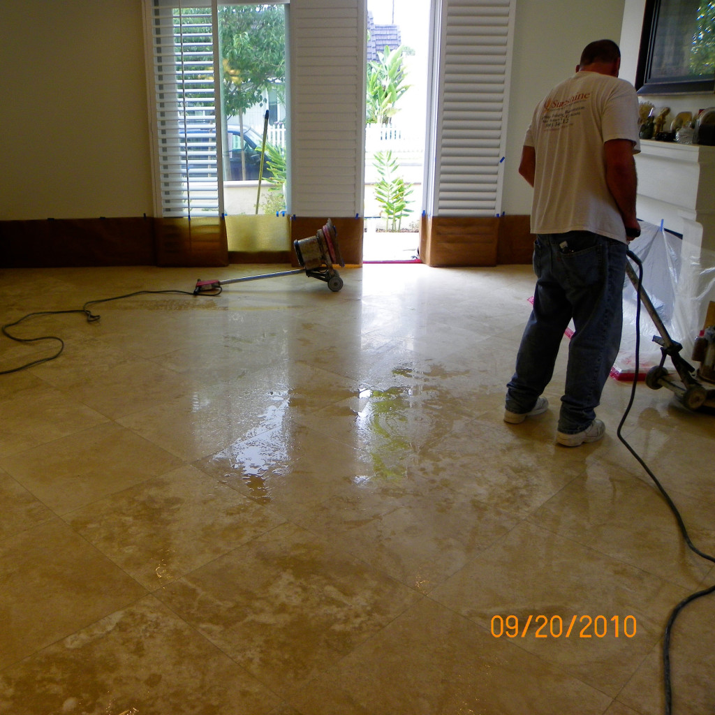 Honed Travertine During  Polishing